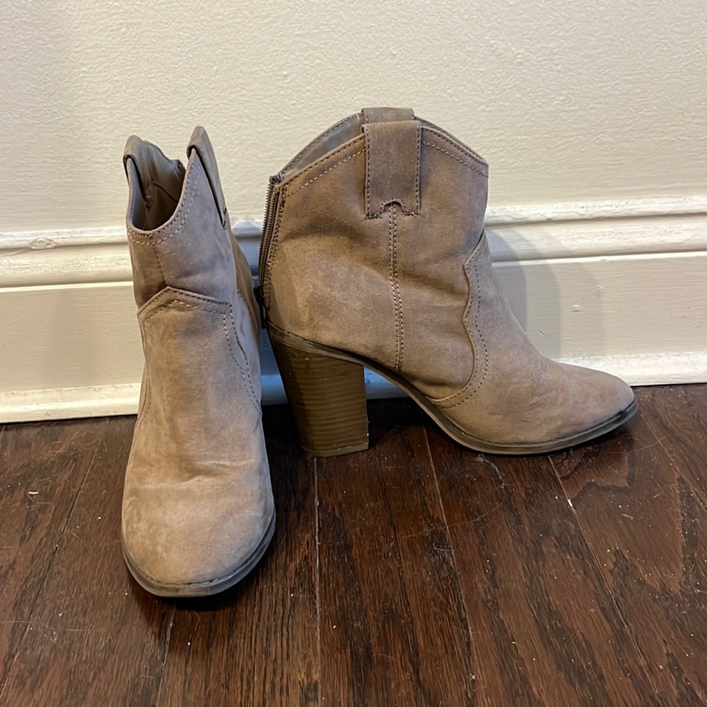 Taupe suede 3” block heeled boots